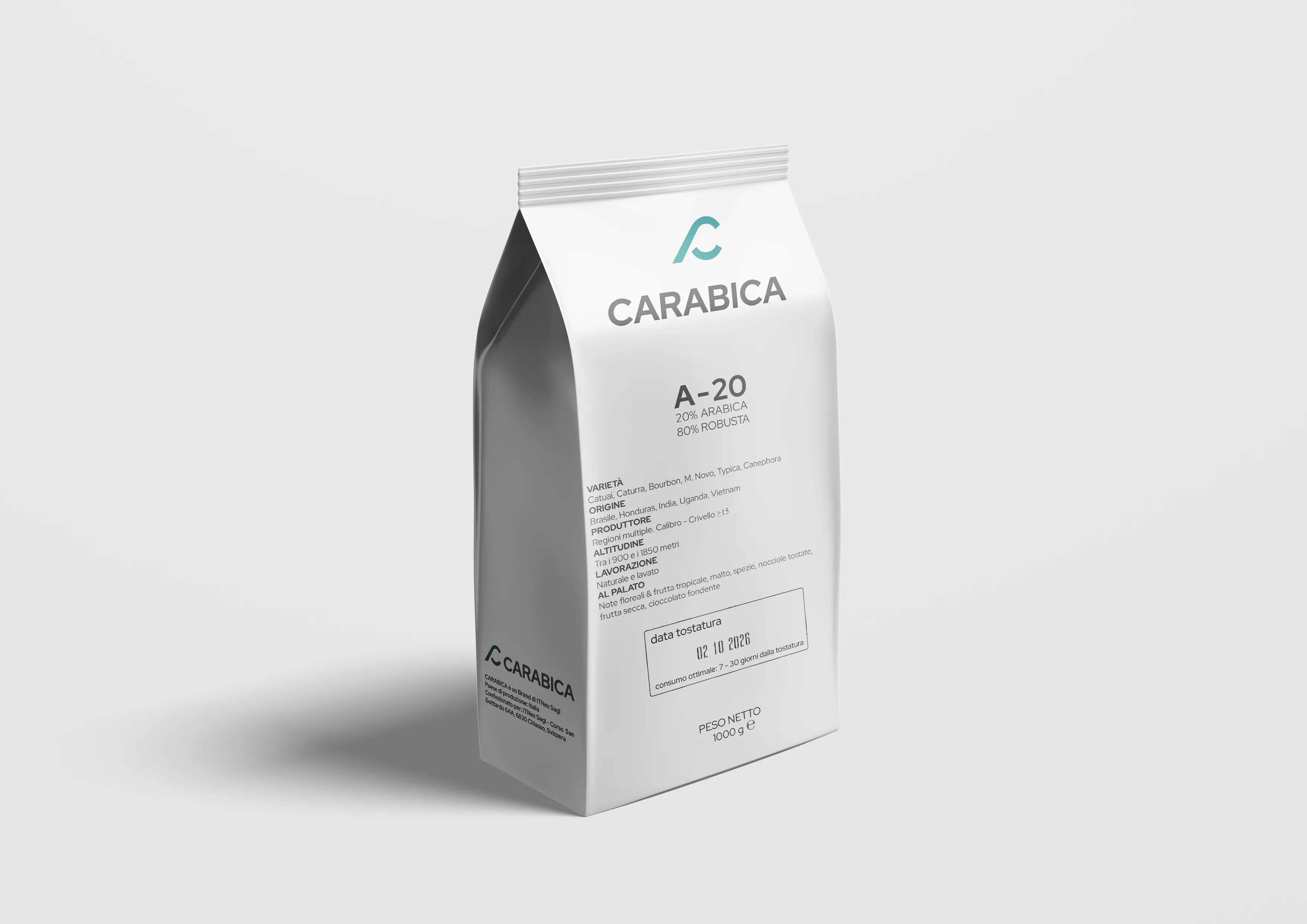 Confezione CARABICA A-20 20% Arabica - 80% Robusta, packaging bianco minimale con logo teal.